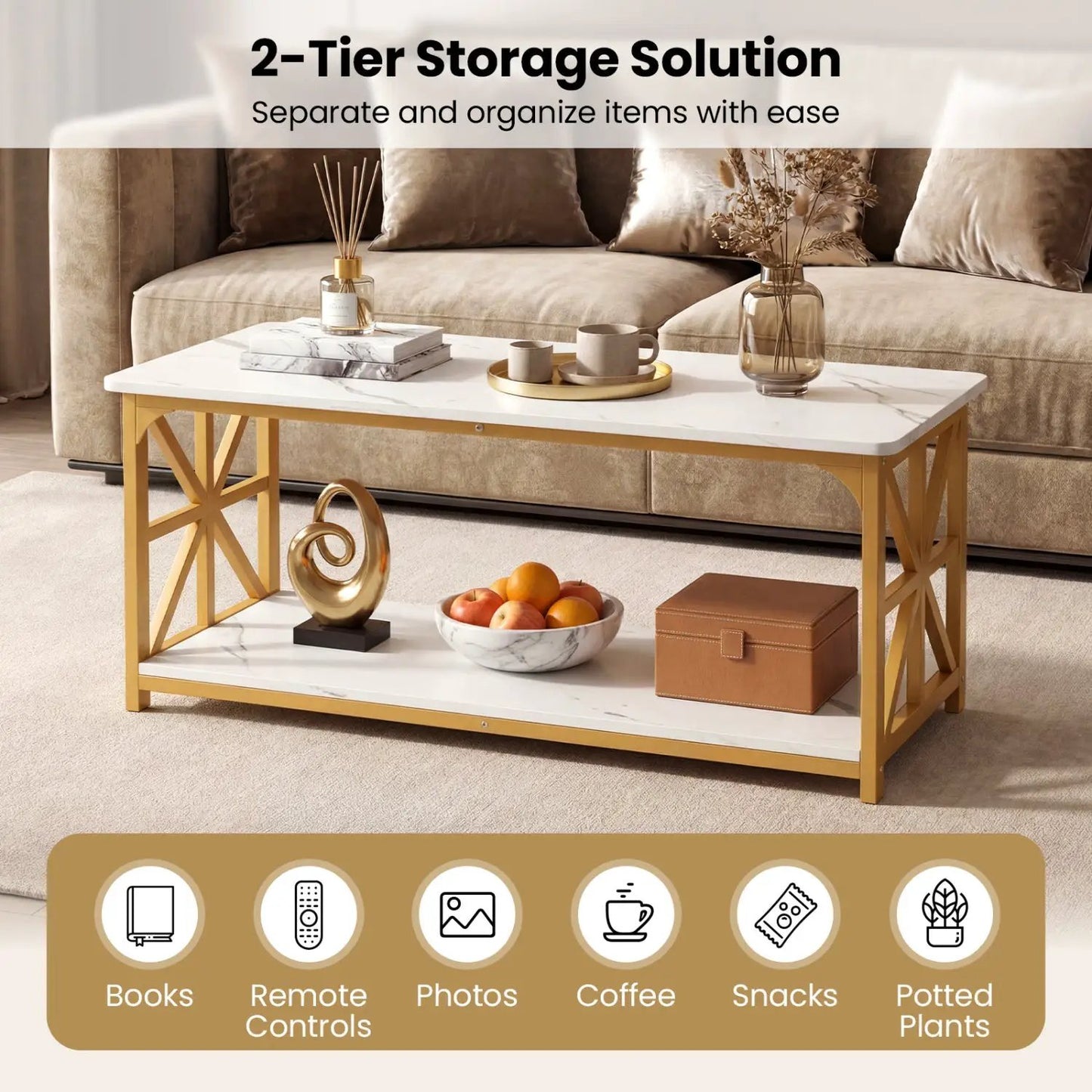 Coffee Table 2-Tier Center Table with Shelf