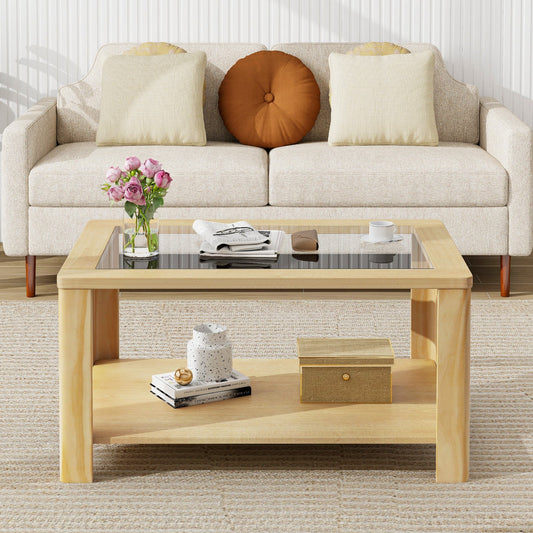 2-Tier Coffee Table Rectangular Center Table with Tempered Glass Tabletop and Storage Shelf-Natural - Tampa Home & Garden Store