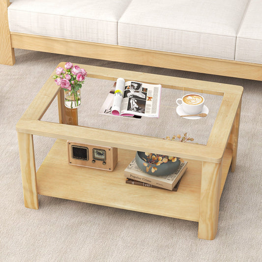 2-Tier Coffee Table Rectangular Center Table with Tempered Glass Tabletop and Storage Shelf-Natural - Tampa Home & Garden Store