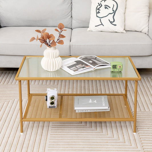 2-Tier Coffee Table with Shelf Center Tea Table with Tempered Glass Top-Golden - Tampa Home & Garden Store