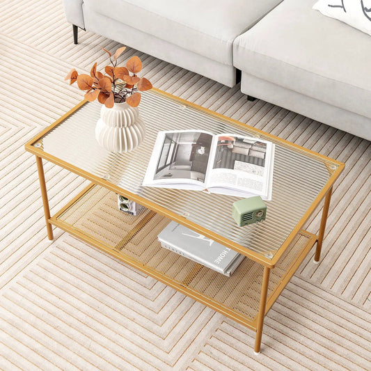 Two-tier coffee table with tempered glass top and gold metal frame with lower mesh shelf on Tampa Home & Garden Store