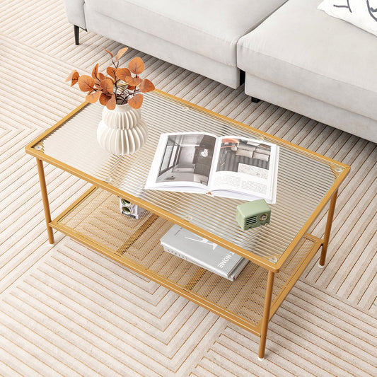 2-Tier Coffee Table with Shelf Center Tea Table with Tempered Glass Top-Golden - Tampa Home & Garden Store