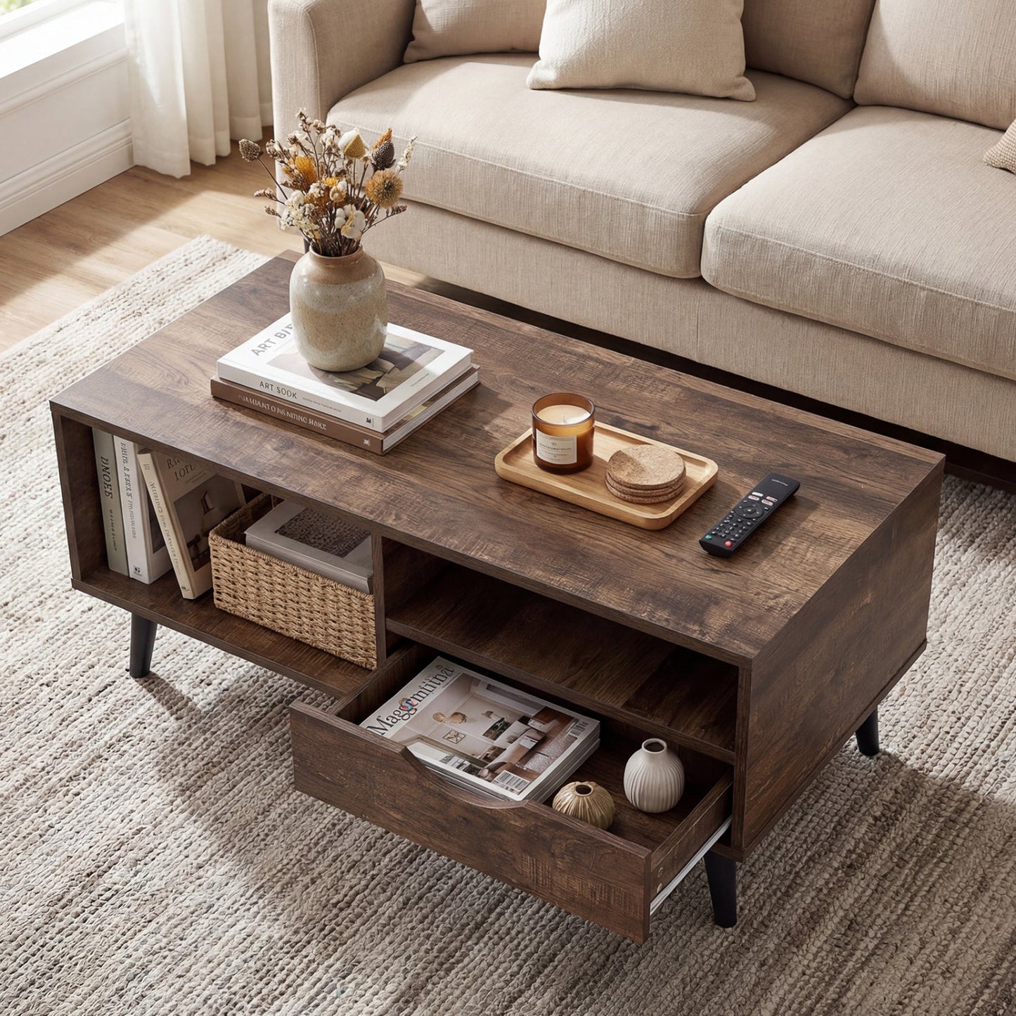 Coffee Table with Storage Rustic Rectangle Center Table