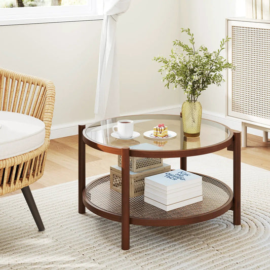 31 Inch 2-Tier Round Glass Top Coffee Table with dark wood frame and mesh lower shelf on Tampa Home & Garden Store