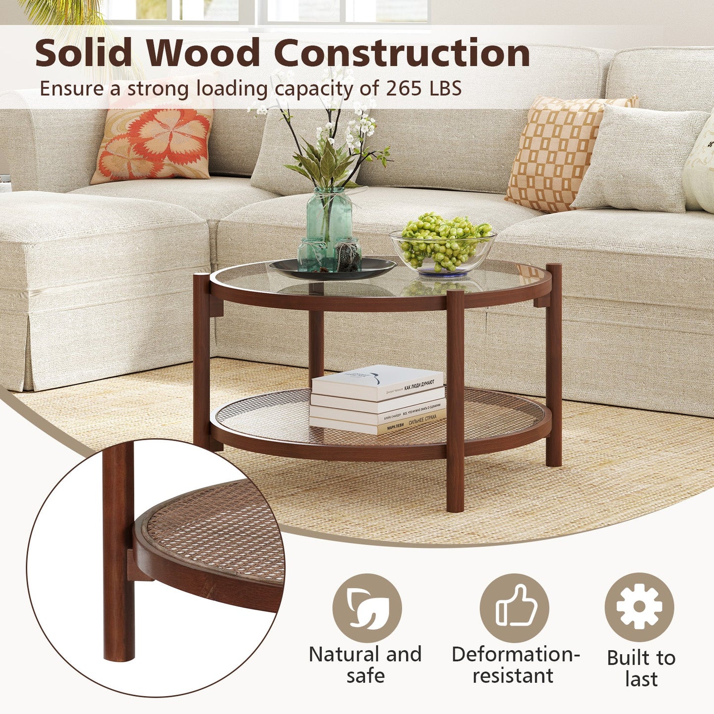 31 Inch 2-Tier Round Coffee Table with Tempered Glass Top for Living Room-Cherry
