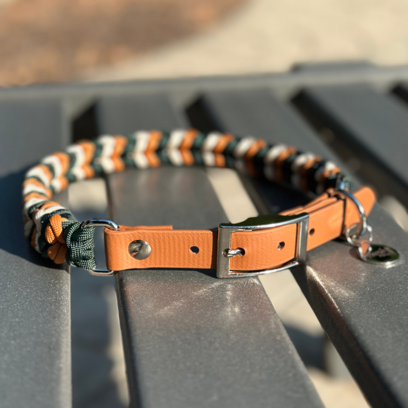 Coiled Charm Hand Braided Dog Collar in Hunter Green, Mustard, & Cream - Tampa Home & Garden Store
