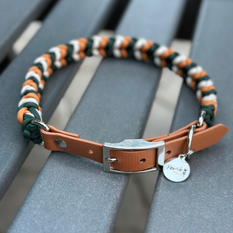 Coiled Charm Hand Braided Dog Collar in Hunter Green, Mustard, & Cream - Tampa Home & Garden Store