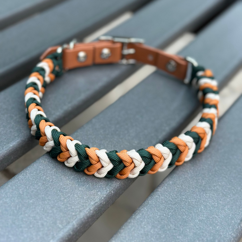 Coiled Charm Hand Braided Dog Collar in Hunter Green, Mustard, & Cream - Tampa Home & Garden Store