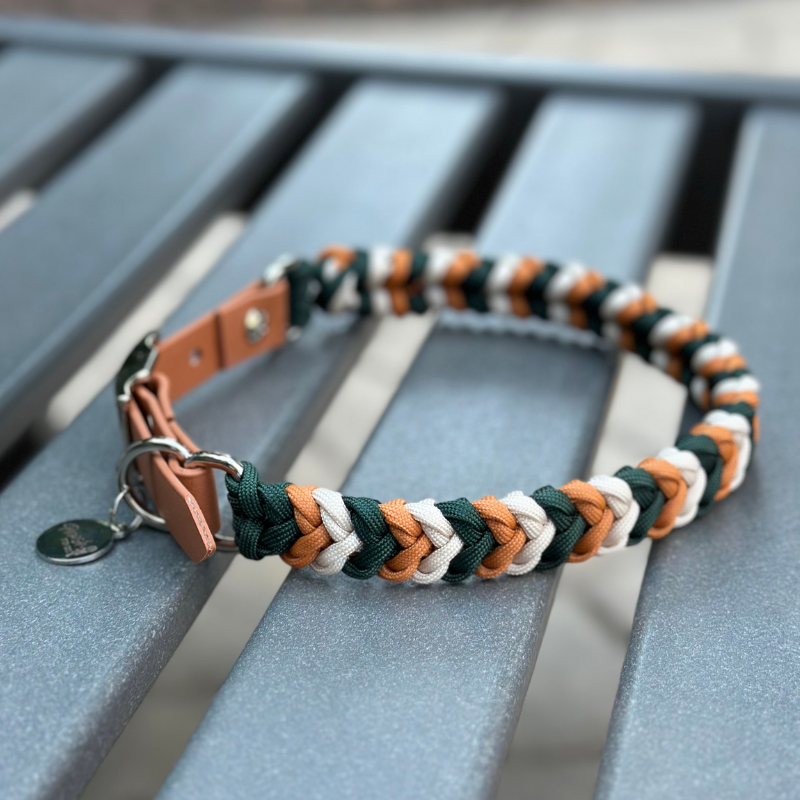 Coiled Charm Hand Braided Dog Collar in Hunter Green, Mustard, & Cream - Tampa Home & Garden Store