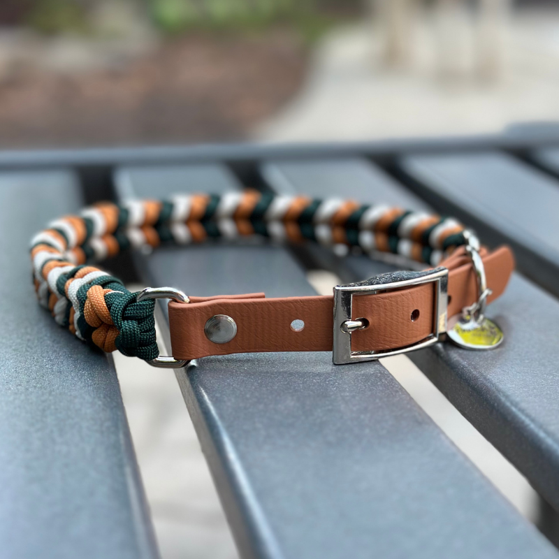 Coiled Charm Hand Braided Dog Collar in Hunter Green, Mustard, & Cream - Tampa Home & Garden Store