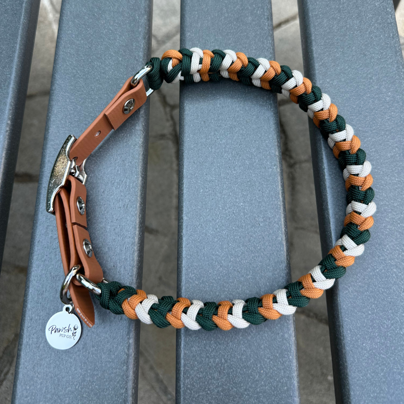 Coiled Charm Hand Braided Dog Collar in Hunter Green, Mustard, & Cream - Tampa Home & Garden Store