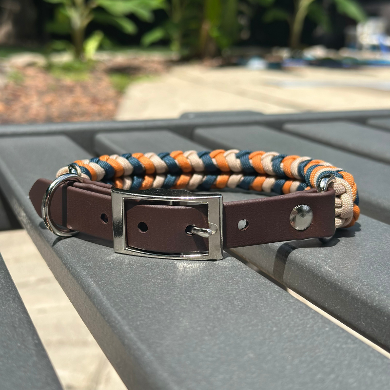 Coiled Charm Hand Braided Dog Collar in Mustard, Navy, & Light Tan - Tampa Home & Garden Store