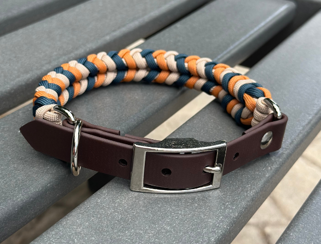 Coiled Charm Hand Braided Dog Collar in Mustard, Navy, & Light Tan - Tampa Home & Garden Store