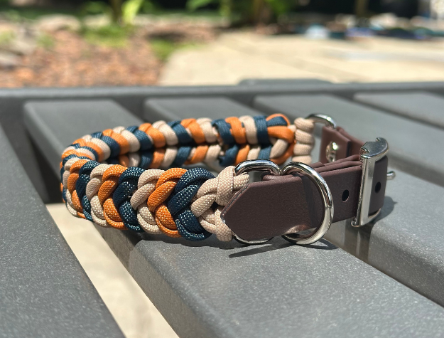 Coiled Charm Hand Braided Dog Collar in Mustard, Navy, & Light Tan - Tampa Home & Garden Store