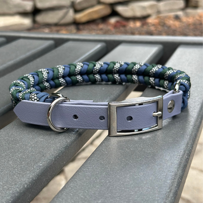 Coiled Charm Hand Braided Dog Collar in Navy, Emerald Green, & Silver Diamonds - Tampa Home & Garden Store