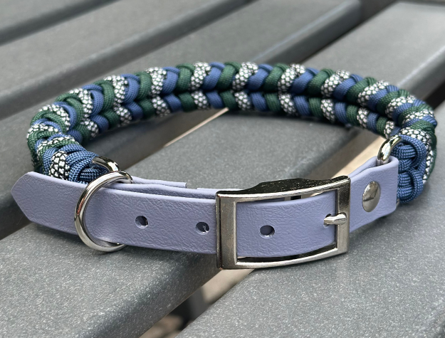 Coiled Charm Hand Braided Dog Collar in Navy, Emerald Green, & Silver Diamonds - Tampa Home & Garden Store
