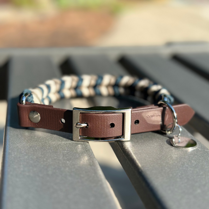 Coiled Charm Hand Braided Dog Collar in Navy, Tan, & Cream - Tampa Home & Garden Store