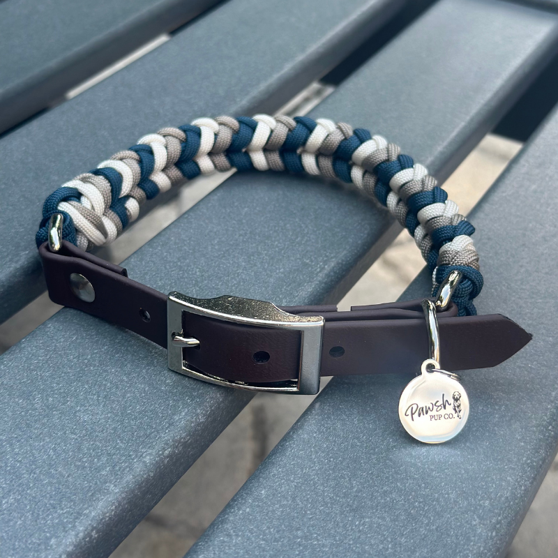 Coiled Charm Hand Braided Dog Collar in Navy, Tan, & Cream - Tampa Home & Garden Store