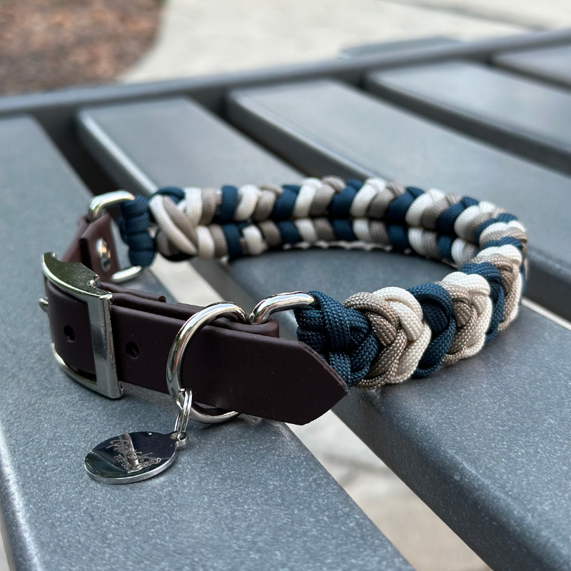 Coiled Charm Hand Braided Dog Collar in Navy, Tan, & Cream - Tampa Home & Garden Store