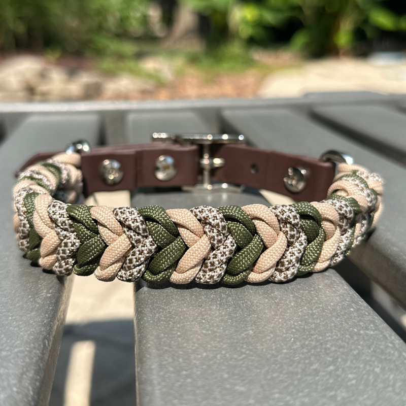 Coiled Charm Hand Braided Dog Collar in Olive, Light Tan, & Coyote Brown Diamonds - Tampa Home & Garden Store