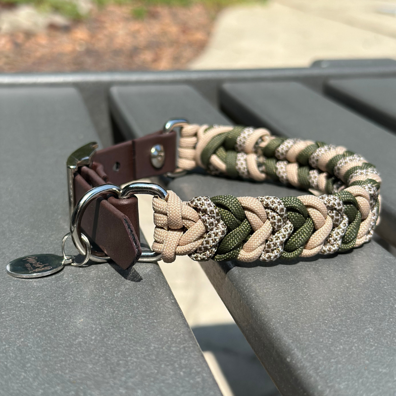 Coiled Charm Hand Braided Dog Collar in Olive, Light Tan, & Coyote Brown Diamonds - Tampa Home & Garden Store