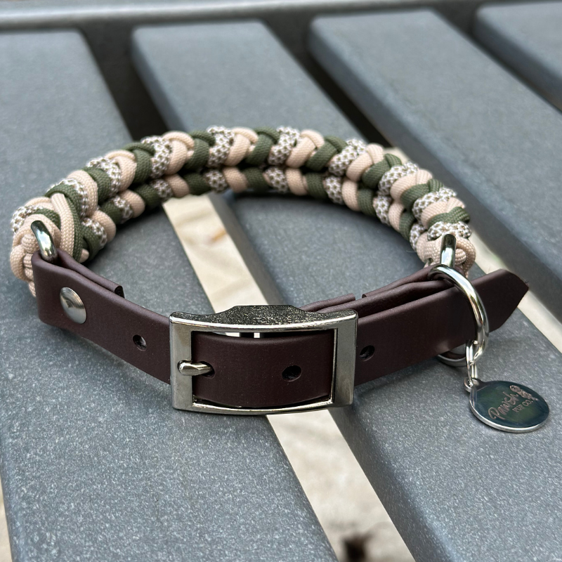 Coiled Charm Hand Braided Dog Collar in Olive, Light Tan, & Coyote Brown Diamonds - Tampa Home & Garden Store