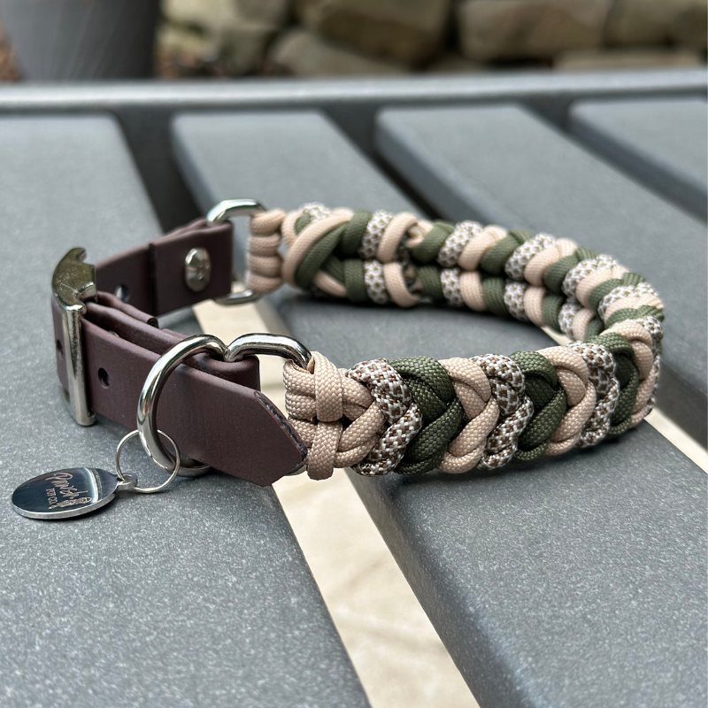 Coiled Charm Hand Braided Dog Collar in Olive, Light Tan, & Coyote Brown Diamonds - Tampa Home & Garden Store