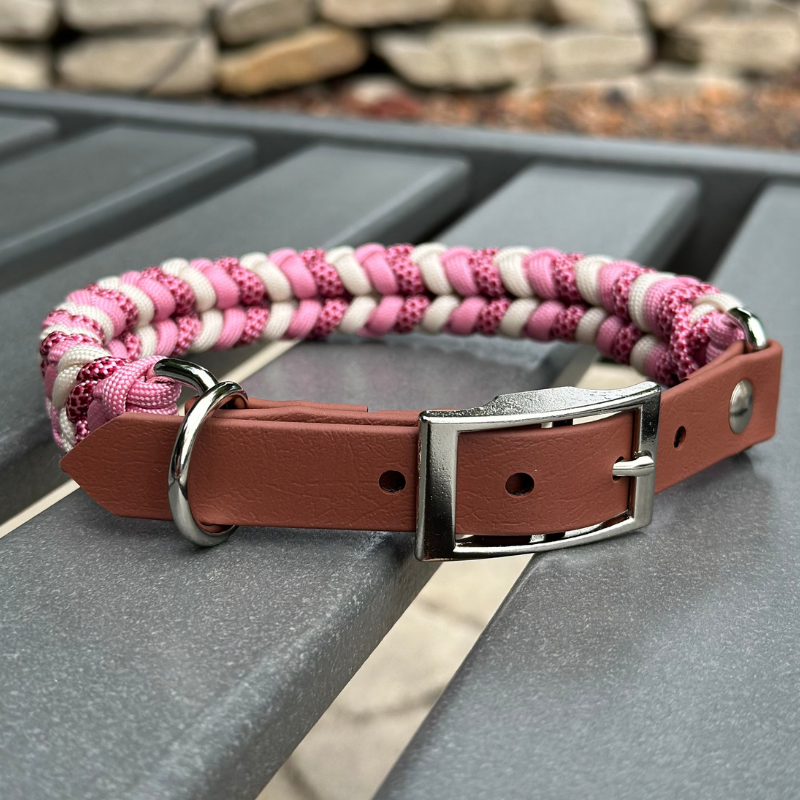 Coiled Charm Hand Braided Dog Collar in Pink, Red Diamonds, & Cream - Tampa Home & Garden Store
