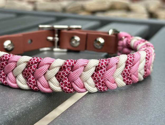Coiled Charm Hand Braided Dog Collar in Pink, Red Diamonds, & Cream - Tampa Home & Garden Store