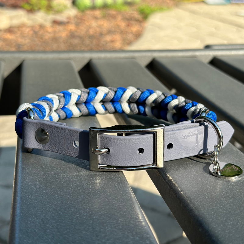 Coiled Charm Hand Braided Dog Collar in Royal Blue, Graphite, & White - Tampa Home & Garden Store