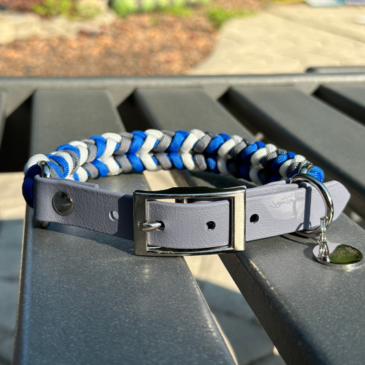Coiled Charm Hand Braided Dog Collar in Royal Blue, Graphite, & White - Tampa Home & Garden Store