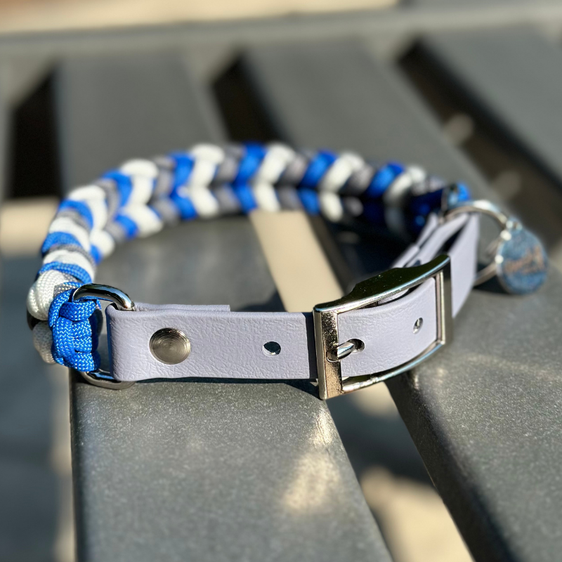 Coiled Charm Hand Braided Dog Collar in Royal Blue, Graphite, & White - Tampa Home & Garden Store