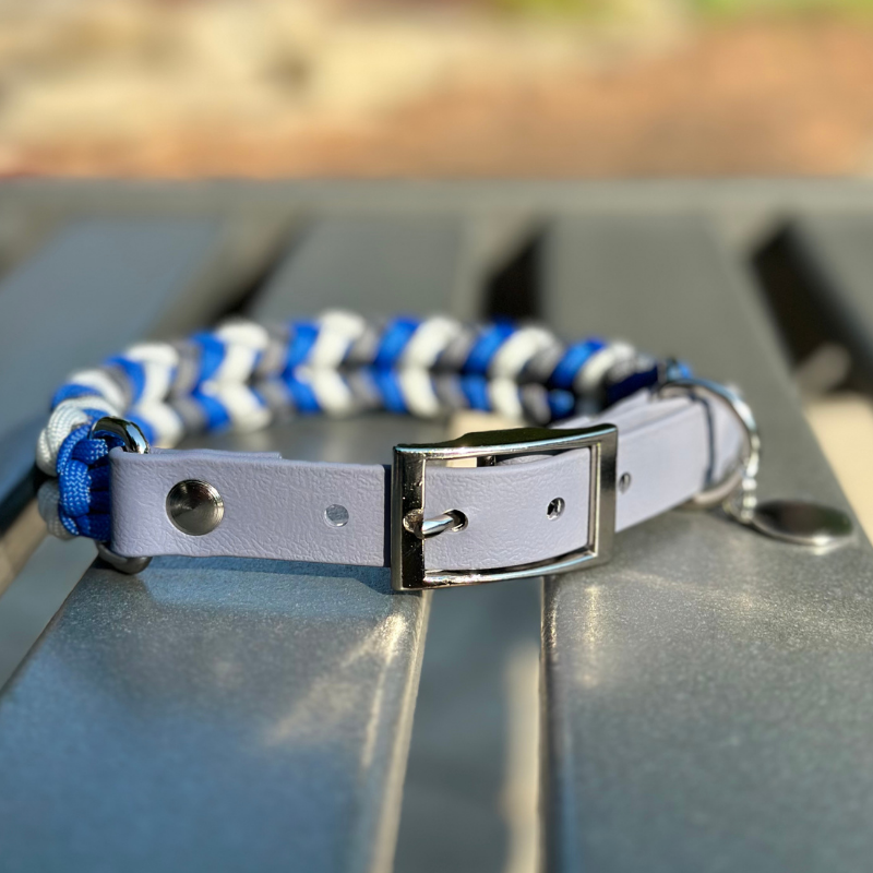 Coiled Charm Hand Braided Dog Collar in Royal Blue, Graphite, & White - Tampa Home & Garden Store