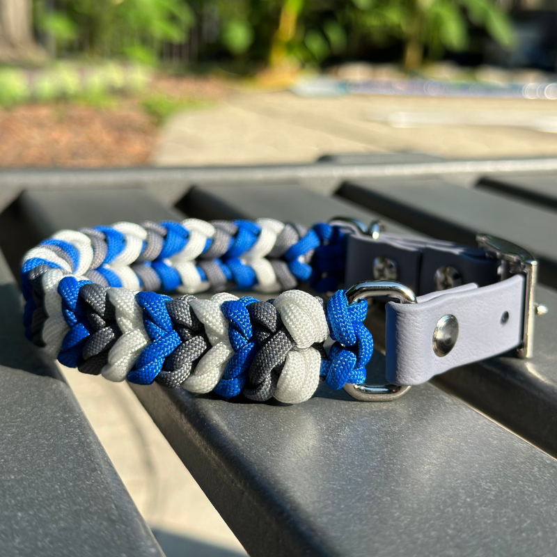 Coiled Charm Hand Braided Dog Collar in Royal Blue, Graphite, & White - Tampa Home & Garden Store