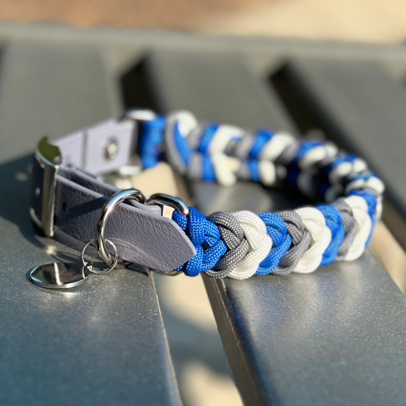 Coiled Charm Hand Braided Dog Collar in Royal Blue, Graphite, & White - Tampa Home & Garden Store