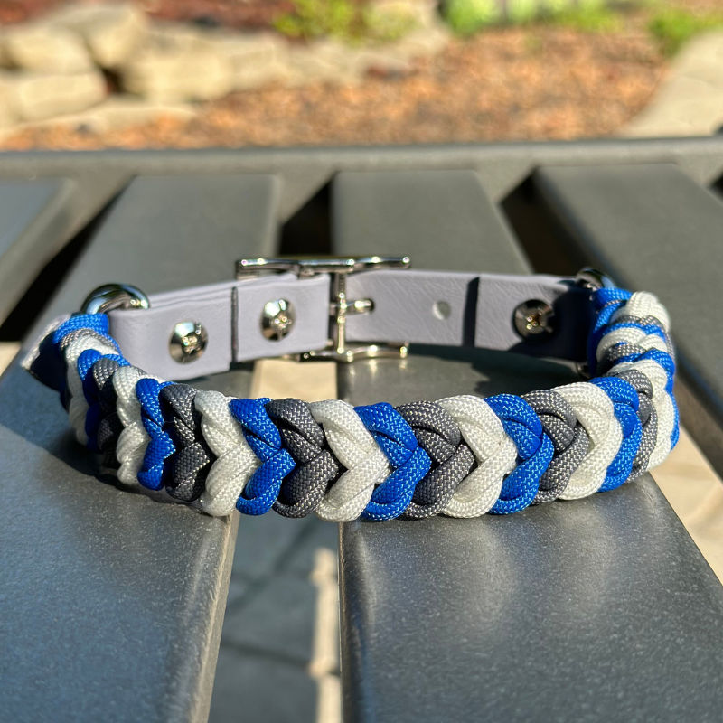 Coiled Charm Hand Braided Dog Collar in Royal Blue, Graphite, & White - Tampa Home & Garden Store
