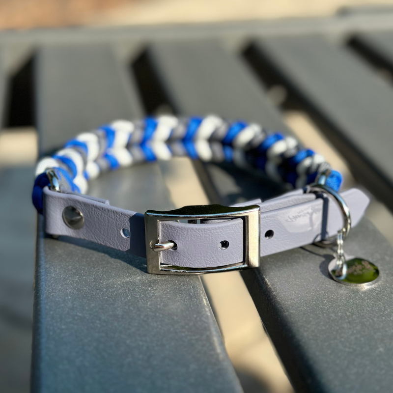 Coiled Charm Hand Braided Dog Collar in Royal Blue, Graphite, & White - Tampa Home & Garden Store
