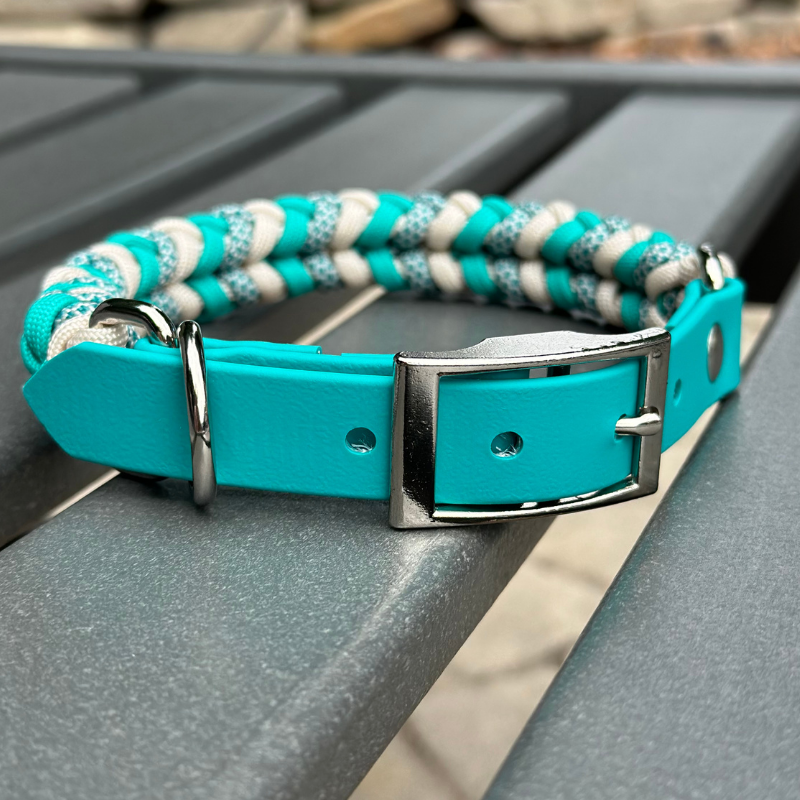 Coiled Charm Hand Braided Dog Collar in Teal, Cream, & Teal Diamonds - Tampa Home & Garden Store