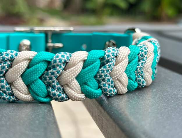 Coiled Charm Hand Braided Dog Collar in Teal, Cream, & Teal Diamonds - Tampa Home & Garden Store