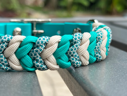 Coiled Charm Hand Braided Dog Collar in Teal, Cream, & Teal Diamonds - Tampa Home & Garden Store