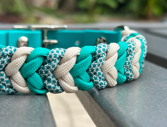 Coiled Charm Hand Braided Dog Collar in Teal, Cream, & Teal Diamonds - Tampa Home & Garden Store