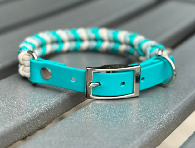 Coiled Charm Hand Braided Dog Collar in Teal, Cream, & Teal Diamonds - Tampa Home & Garden Store