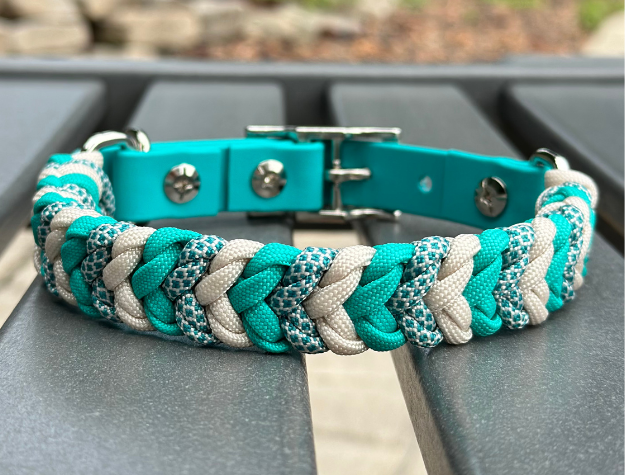Coiled Charm Hand Braided Dog Collar in Teal, Cream, & Teal Diamonds - Tampa Home & Garden Store