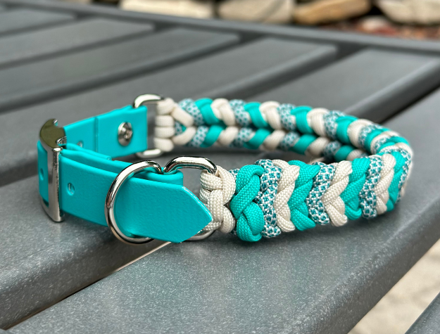 Coiled Charm Hand Braided Dog Collar in Teal, Cream, & Teal Diamonds - Tampa Home & Garden Store