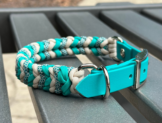 Coiled Charm Hand Braided Dog Collar in Teal, Cream, & Teal Diamonds - Tampa Home & Garden Store