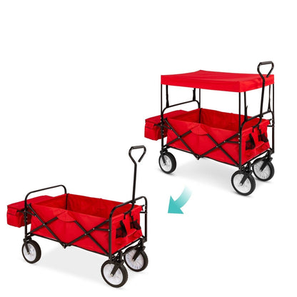 Collapsible Utility Wagon Cart Indoor/Outdoor with Canopy - Red - Tampa Home & Garden Store