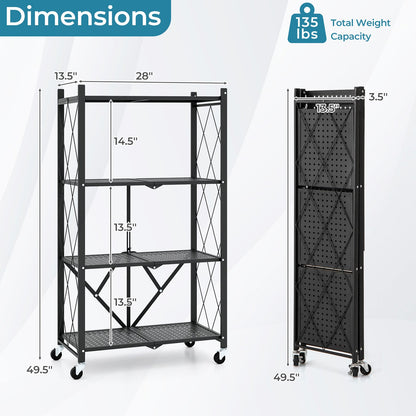 4-Tier Foldable Storage Shelf Collapsible Storage Rack with Lockable Wheels-Black