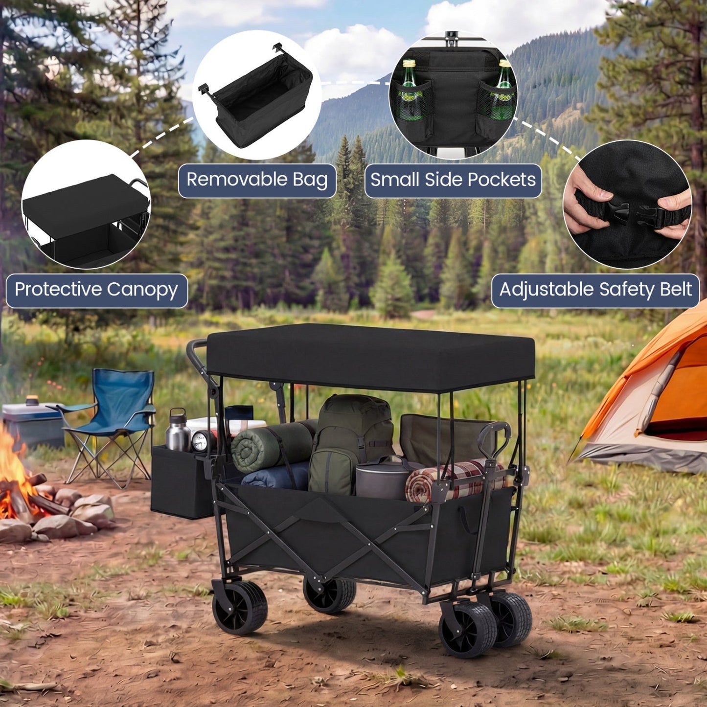 Collapsible Wagon by GemGear with black canopy and detachable storage bag on Tampa Home & Garden Store