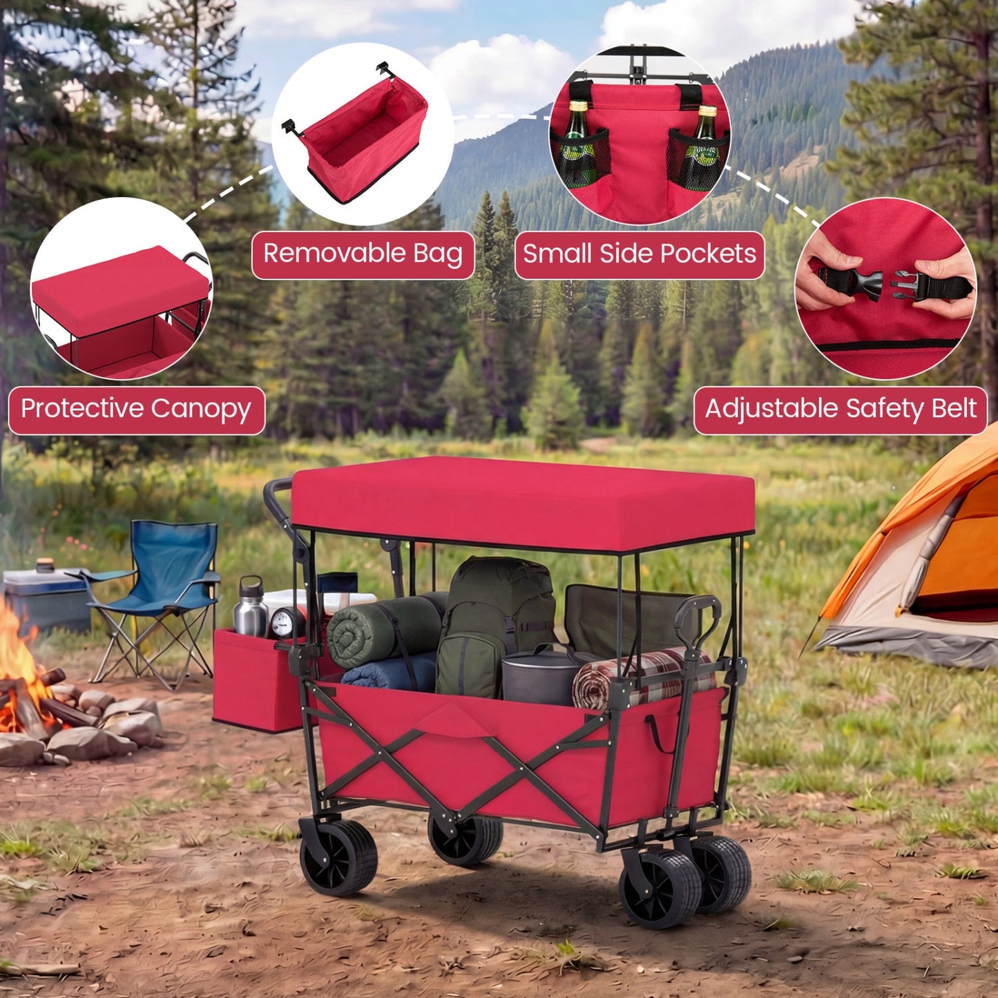 GemGear collapsible wagon with red canopy, detachable storage bag and adjustable safety belt on Tampa Home & Garden Store