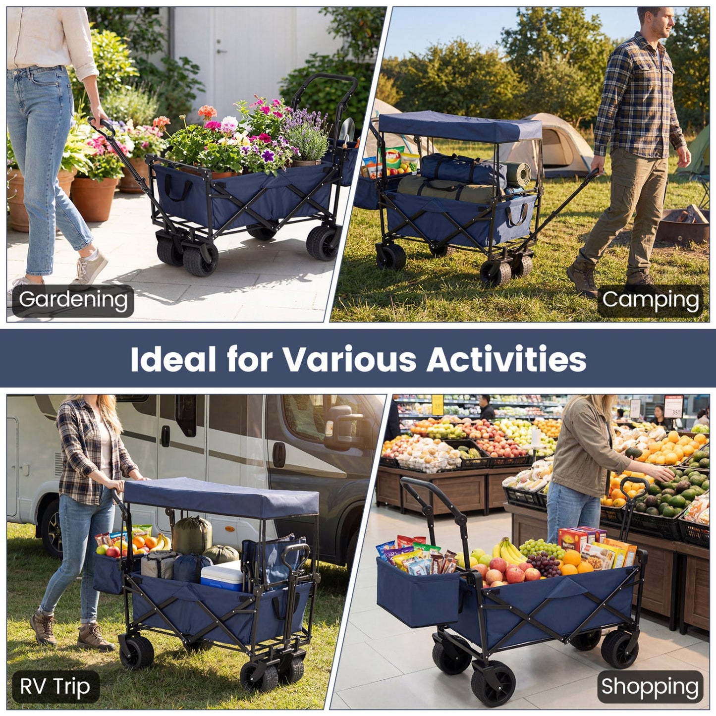 GemGear collapsible wagon with canopy and storage bag navy blue shown in gardening and camping on Tampa Home & Garden Store